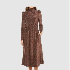 Ryegrass Metallic Midi Brown Dress Long Shoulder Puff Women Size Medium